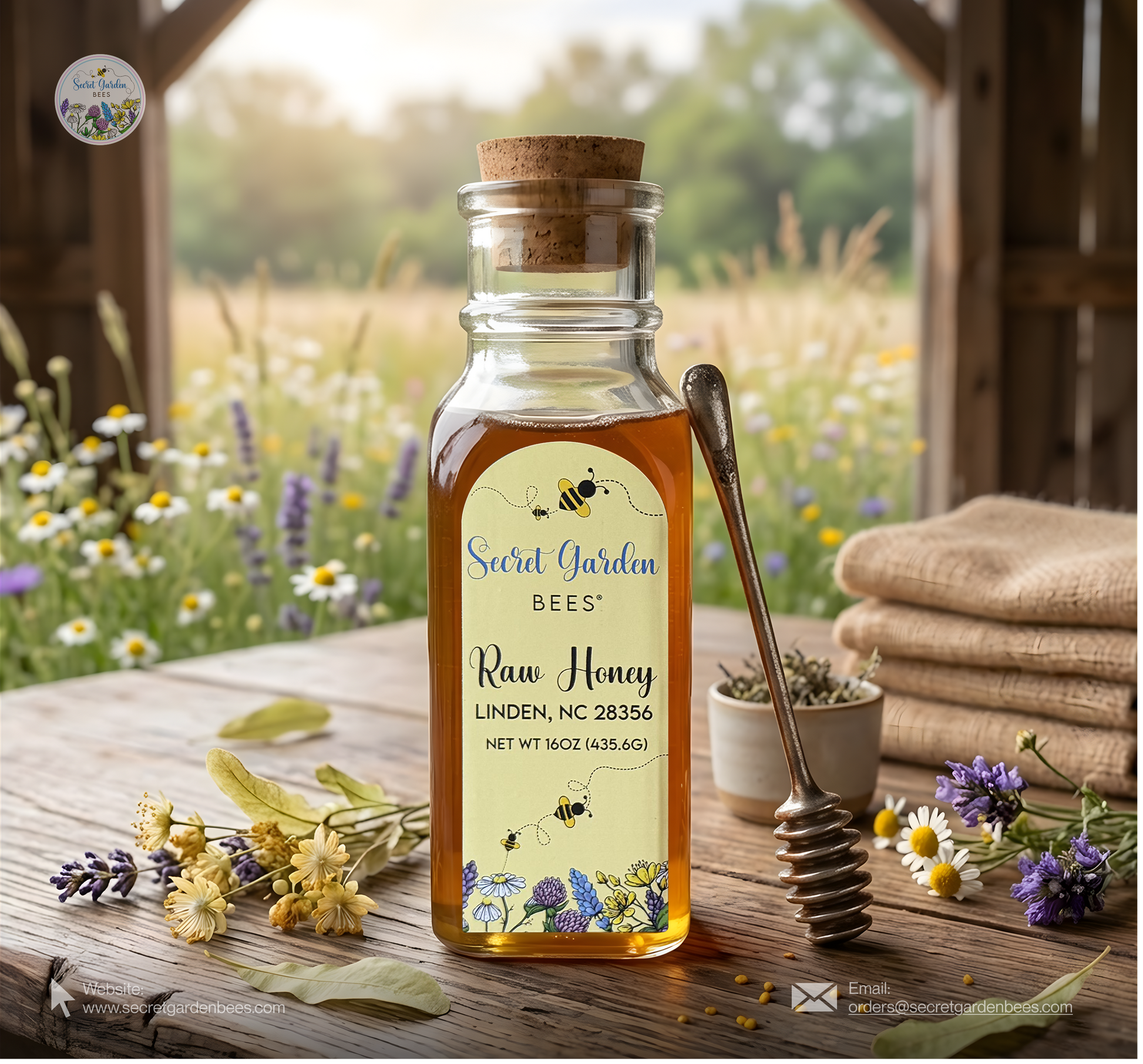 Raw Wildflower Honey | 16 oz Decorative Glass Bottle
