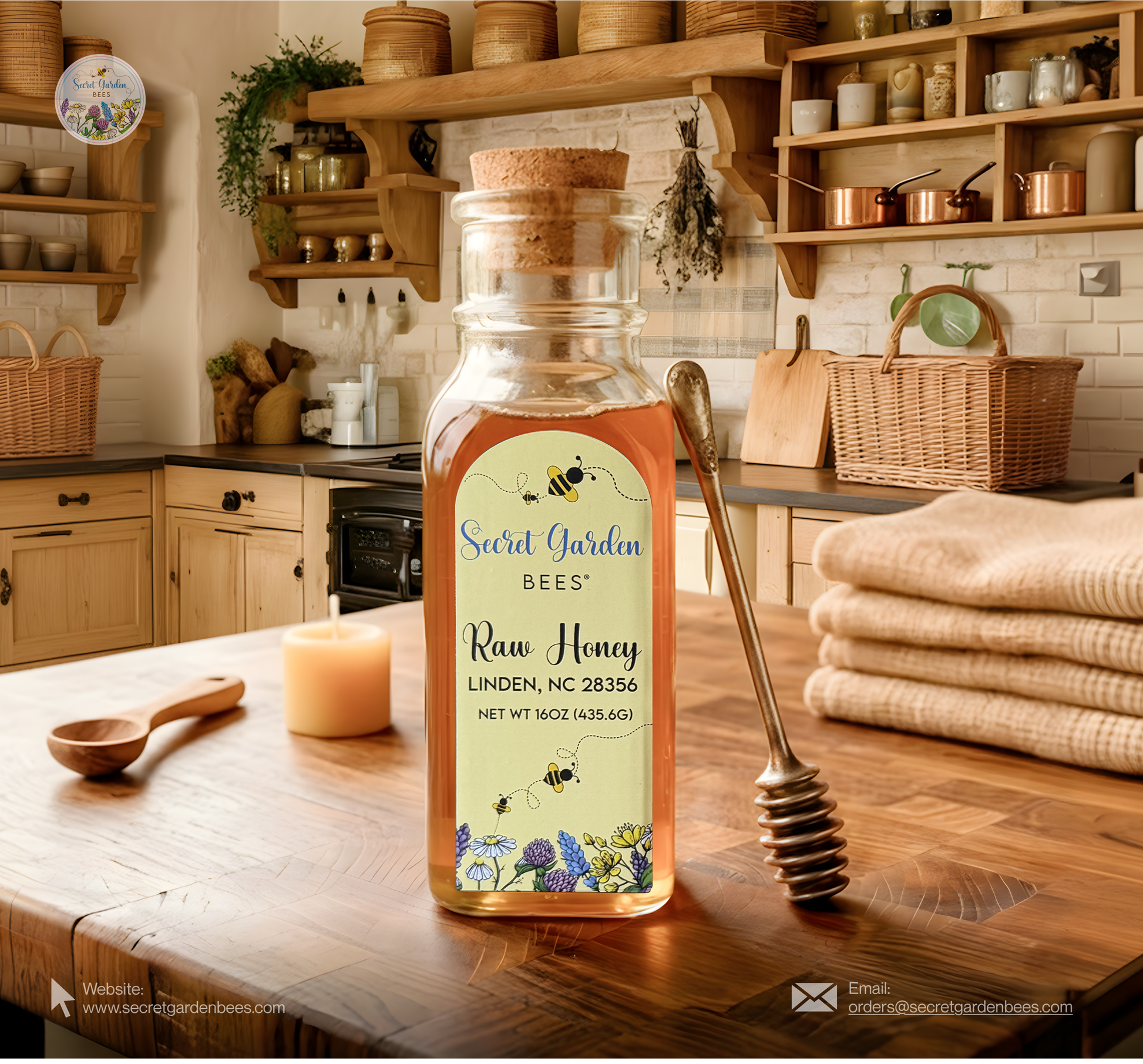Raw Wildflower Honey | 16 oz Decorative Glass Bottle