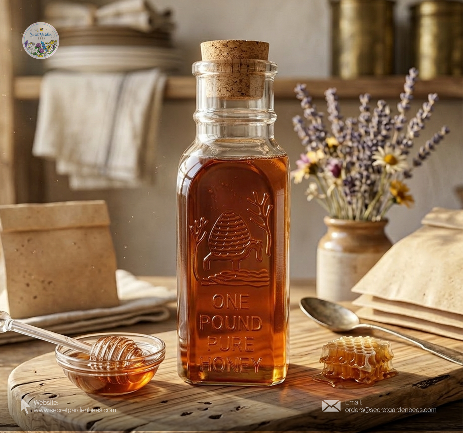 Raw Wildflower Honey | 16 oz Decorative Glass Bottle